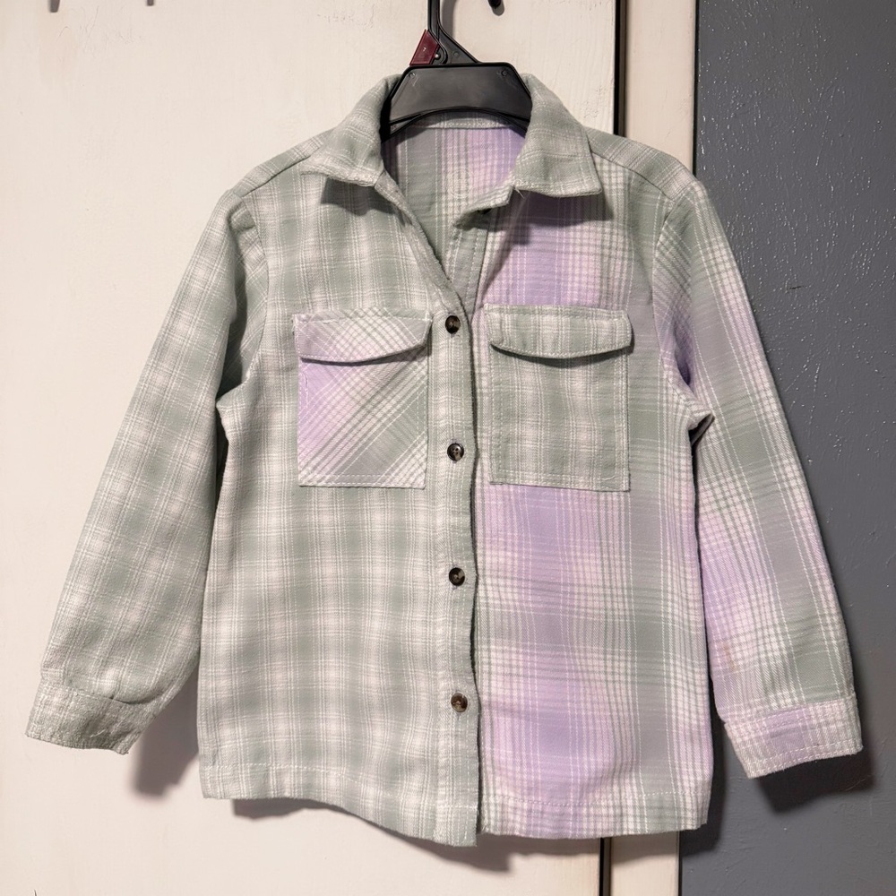 Kids' Plaid Button-Up Shirt Jacket in Mint & Lavender